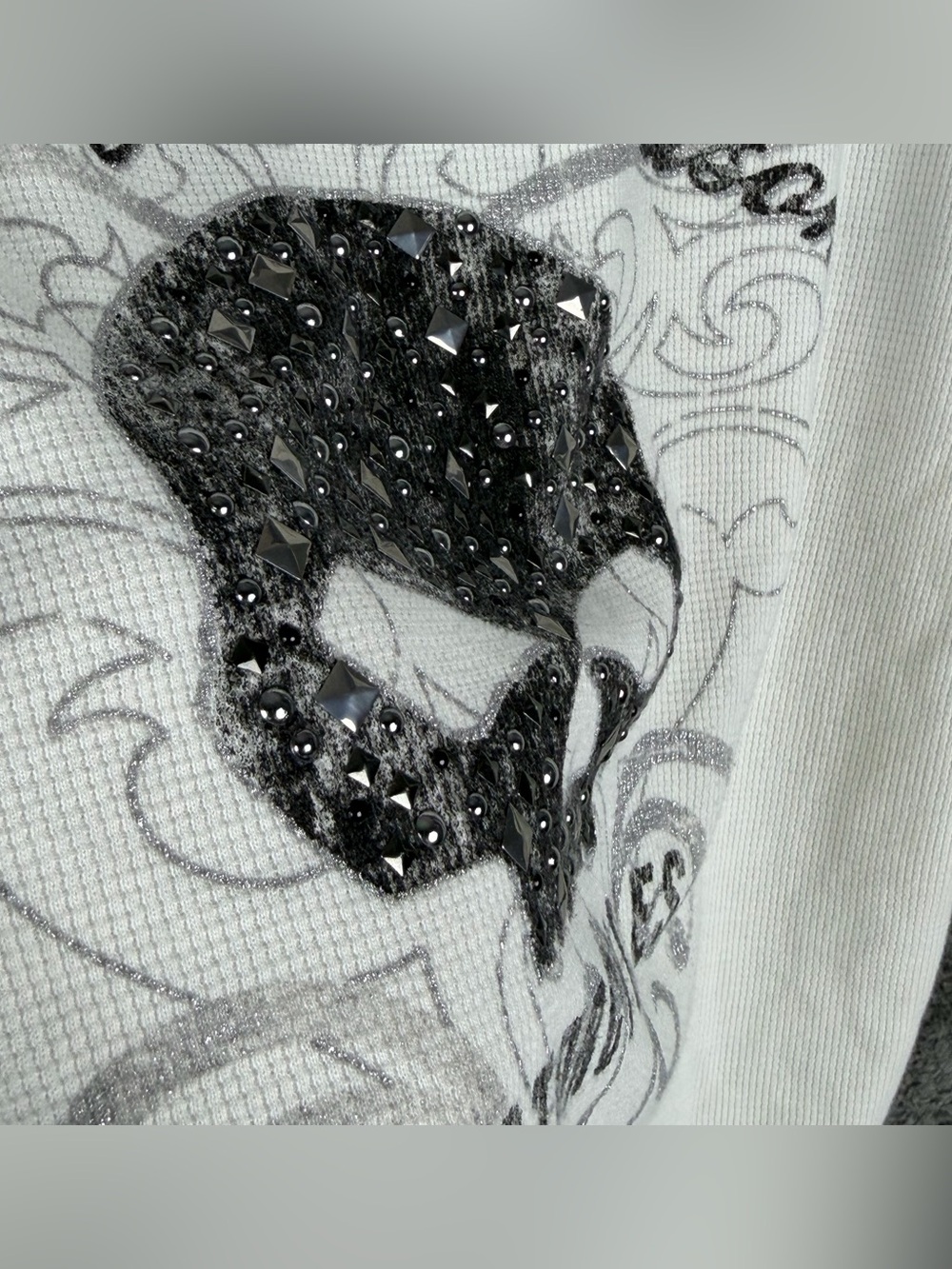 Harley Davidson White Cream Waffle Lace Up Skull Thermal Hoodie Women's Large - Picture 12 of 15